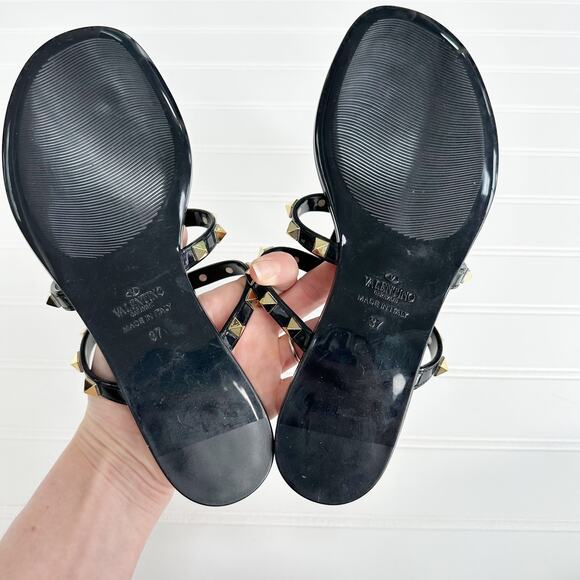 Valentino Rockstud Black Jelly Sandal T Strap Thong Slide Shiny Slide PVC 37 - Picture 4 of 7